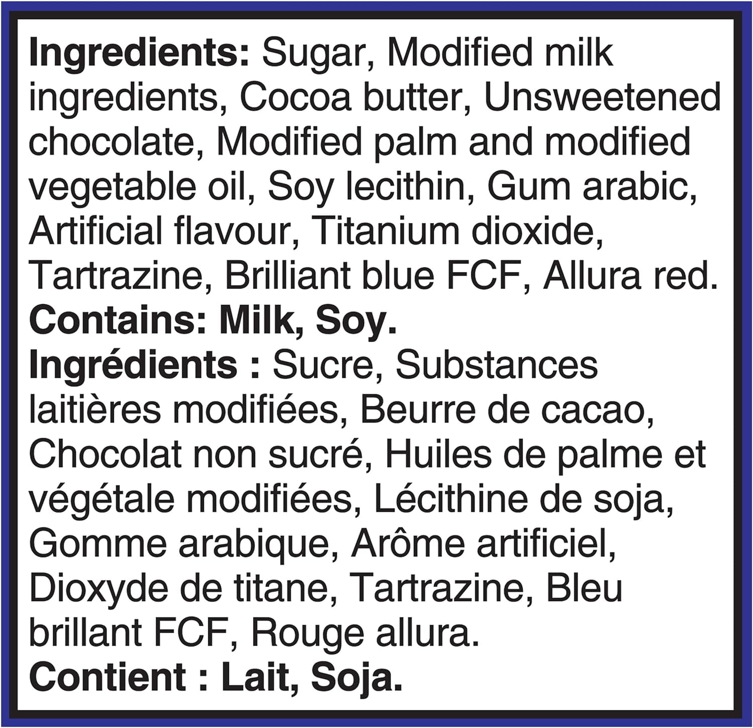 Ingredients list for Cadbury Micro Mini Eggs - 190g package with blue border