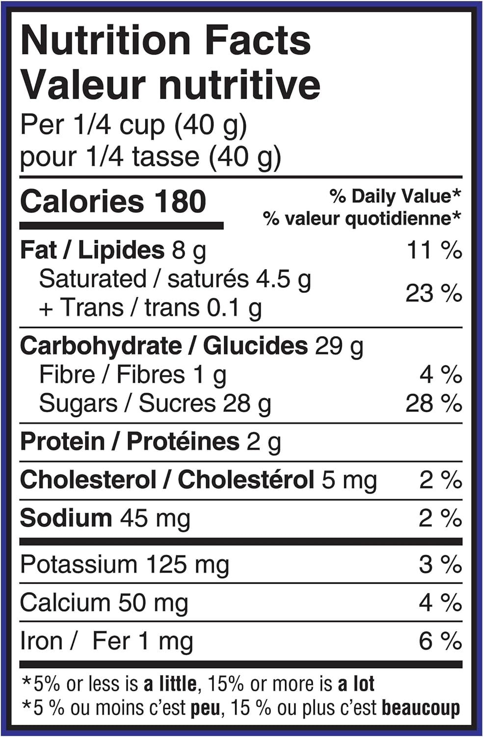 Nutrition facts label for Cadbury Micro Mini Eggs - 190g with both English and French text.
