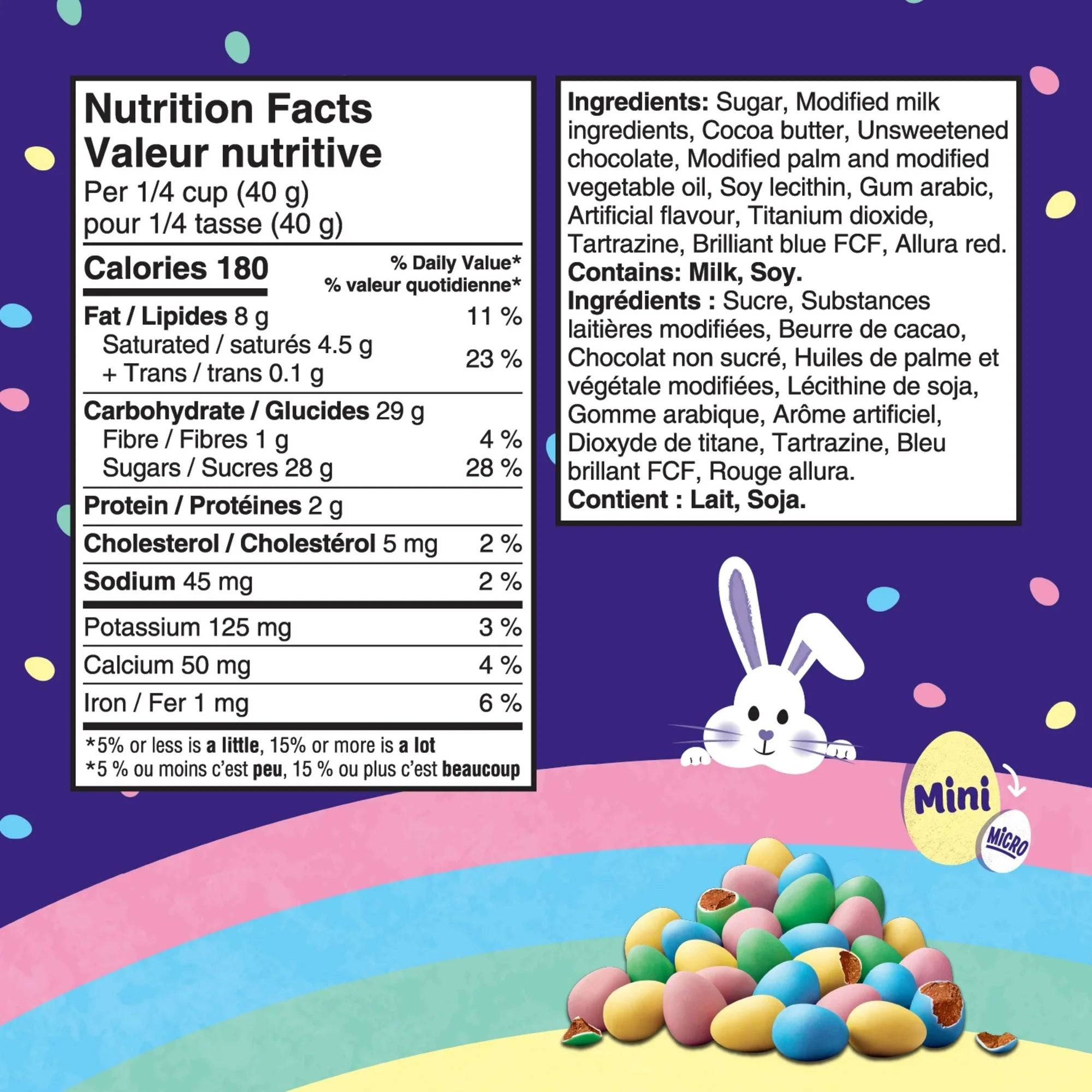 Nutrition facts label and ingredients list for Cadbury Micro Mini Eggs - 190g with a bunny and eggs on a colorful background.