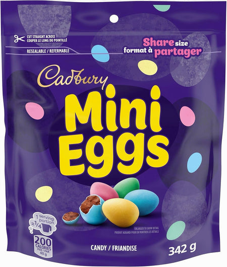 Cadbury Mini Eggs 342g packaging with colorful eggs on a purple background