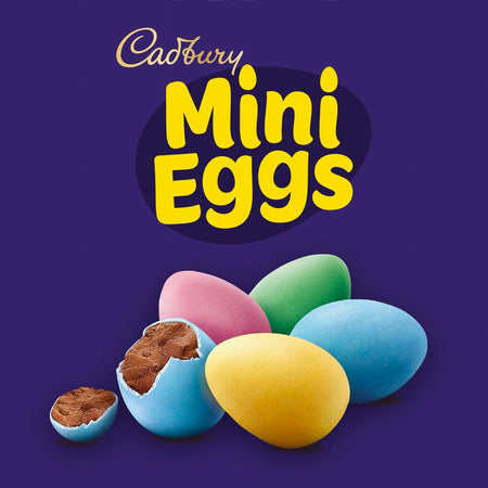 Cadbury Mini Eggs with colorful eggs on a purple background