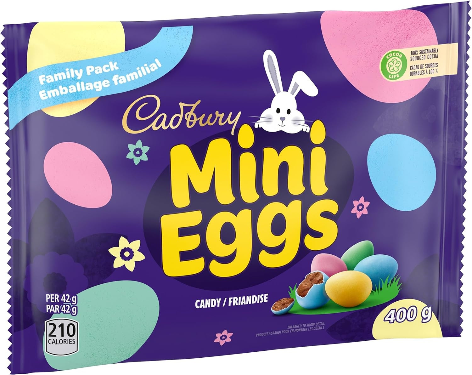 Cadbury Mini Eggs 400g packaging with colorful eggs and a rabbit illustration on a purple background.