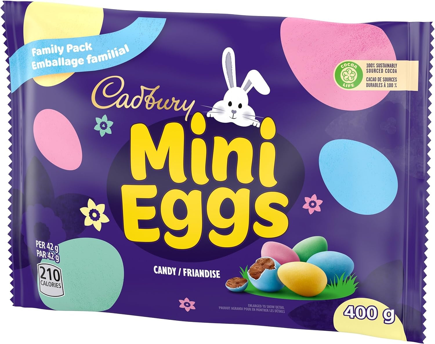 Cadbury Mini Eggs 400g packaging with a purple background and colorful eggs.