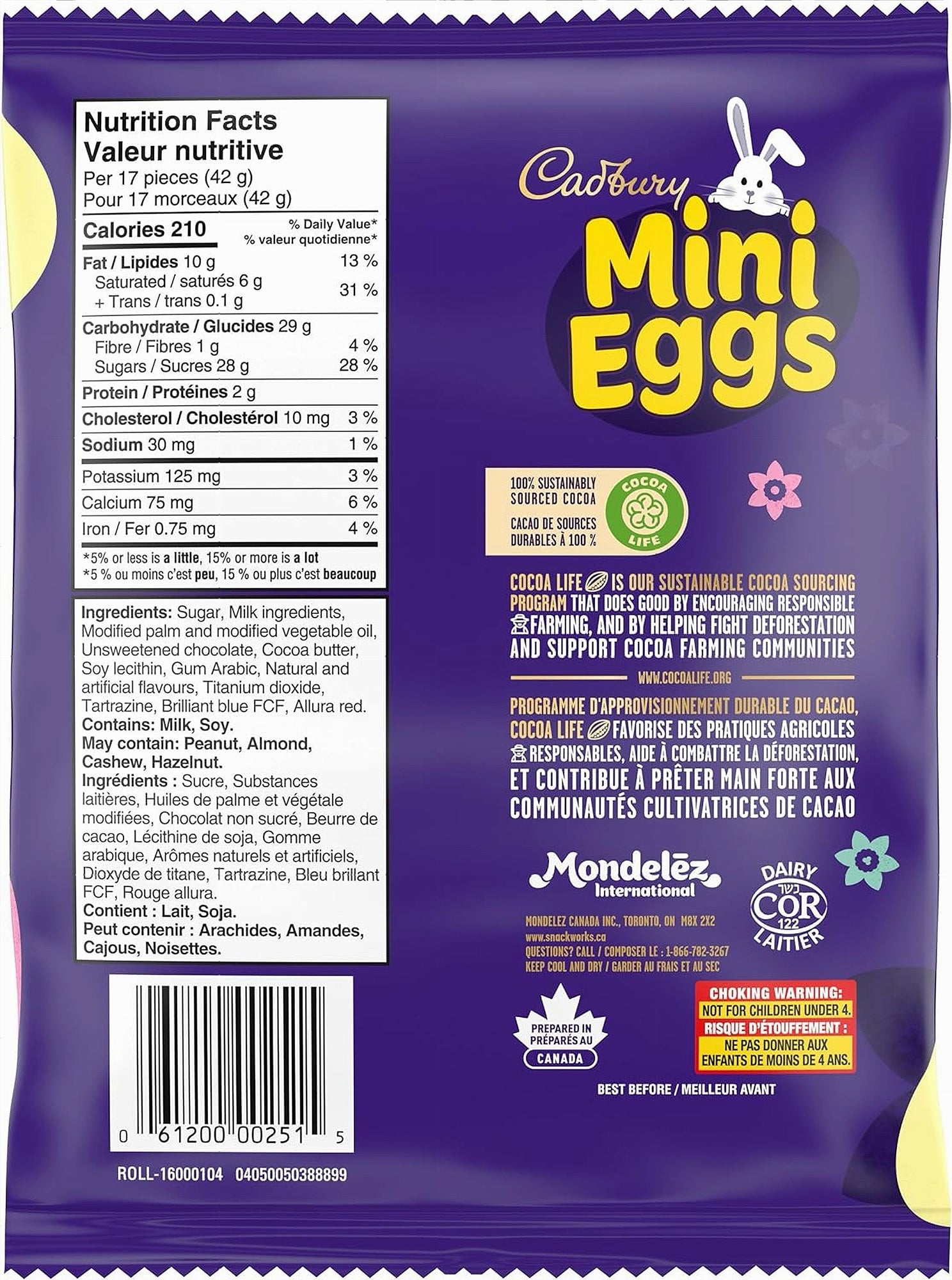 Back of a Cadbury Mini Eggs 400g packaging showing nutrition facts and ingredients.