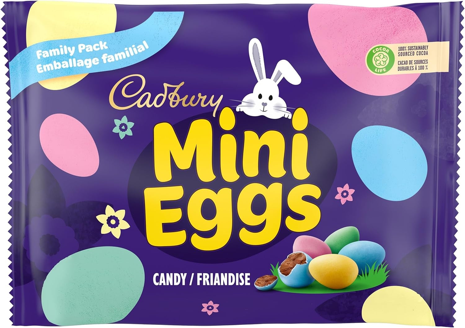 Cadbury Mini Eggs 400g packaging with colorful eggs and bunny illustration on a purple background