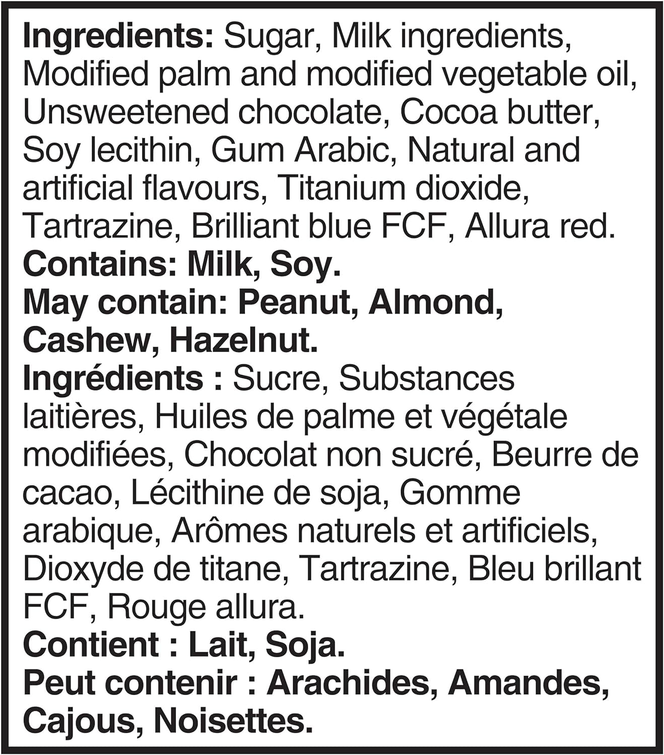List of ingredients and allergens for Cadbury Mini Easter Eggs Family Pack - 400g on a white background