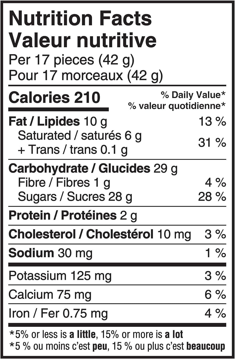 Nutrition facts label for Cadbury Mini Easter Eggs Family Pack - 400g with 17 pieces, 42g total, and 210 calories.