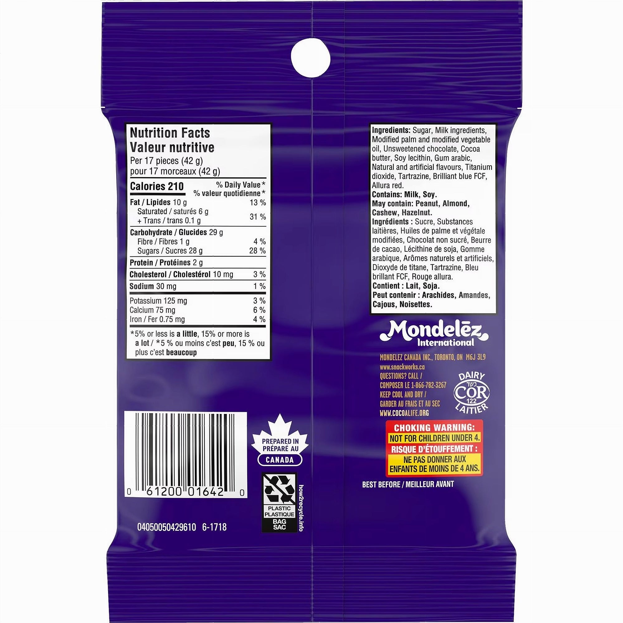 Back of a purple Cadbury Mini Eggs - 90g snack package with nutritional facts and branding.