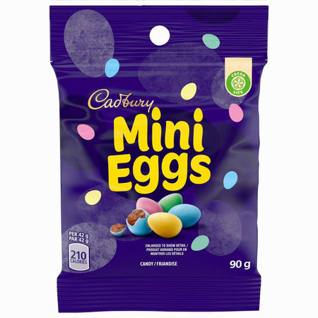 Cadbury Mini Eggs 90g packaging on a white background