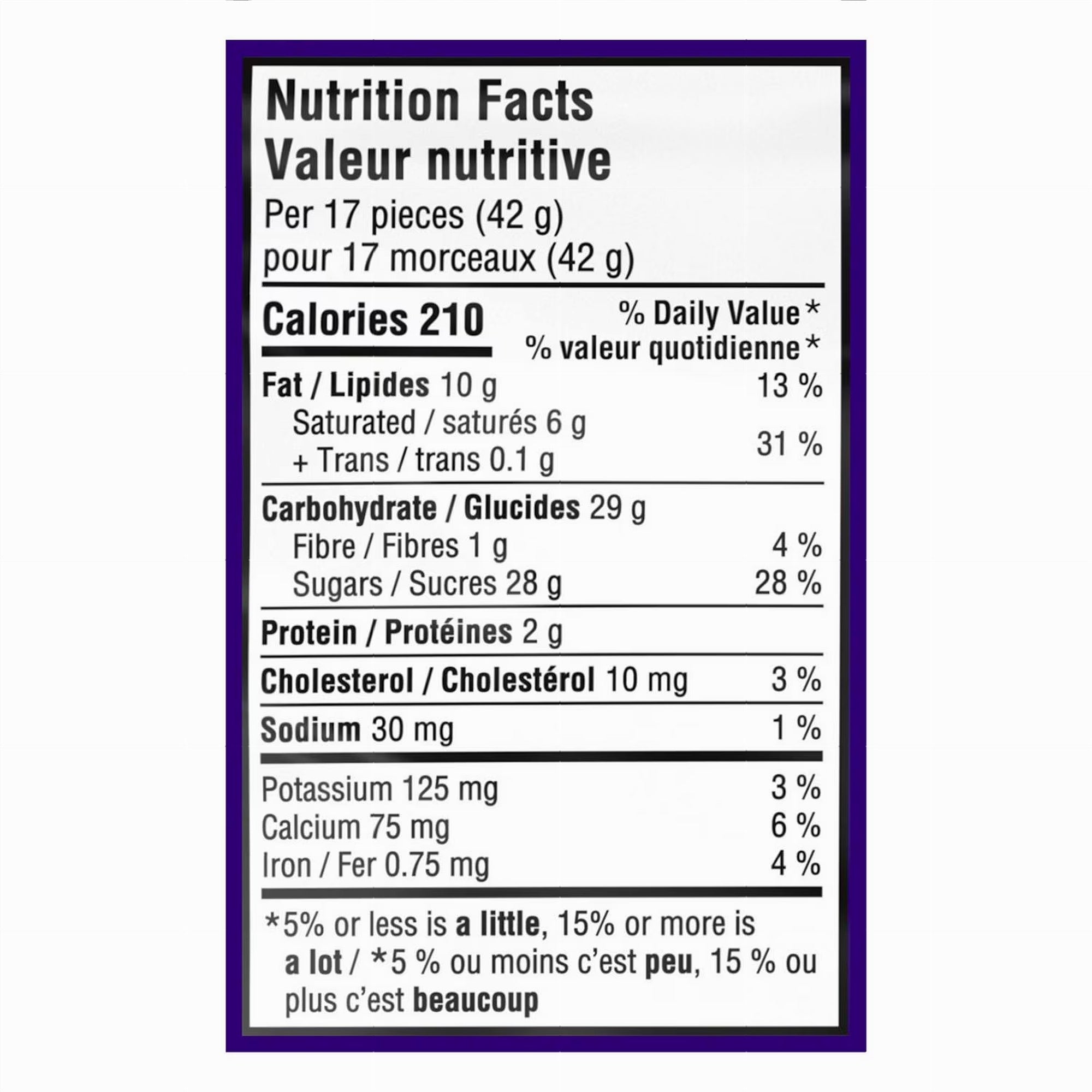 Nutrition facts label for Cadbury Mini Eggs - 90g with detailed calorie and nutrient information.