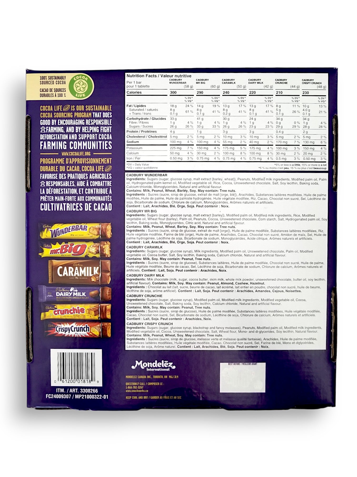 Cadbury 24 Full Size Chocolate Bars Variety Pack, back of box