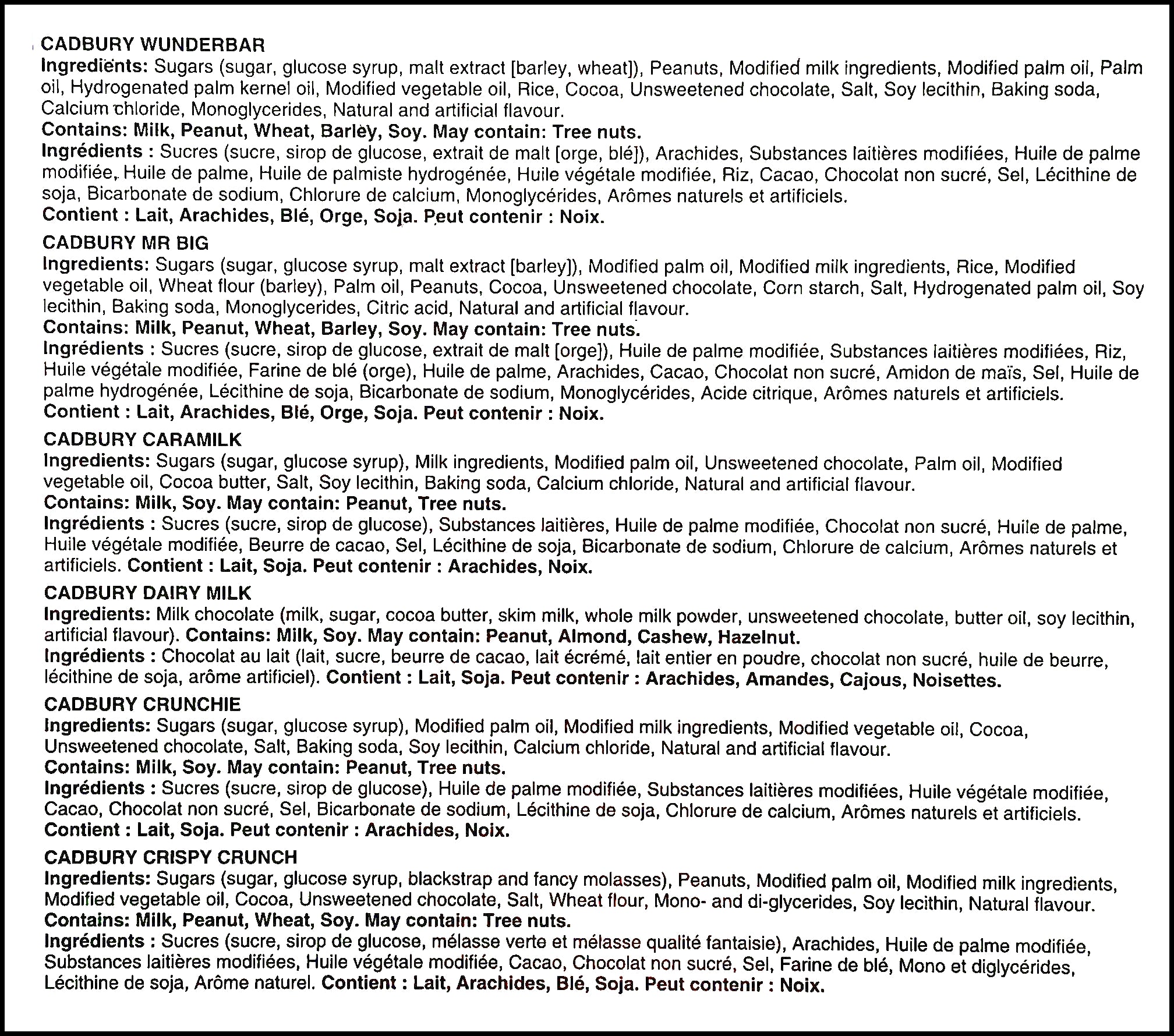 Cadbury 24 Full Size Chocolate Bars Variety Pack, ingredients label