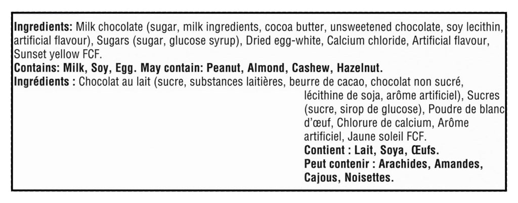 Cadbury Creme Egg, Box of 3x34g, 102g/3.6 oz. - Ingredients Label