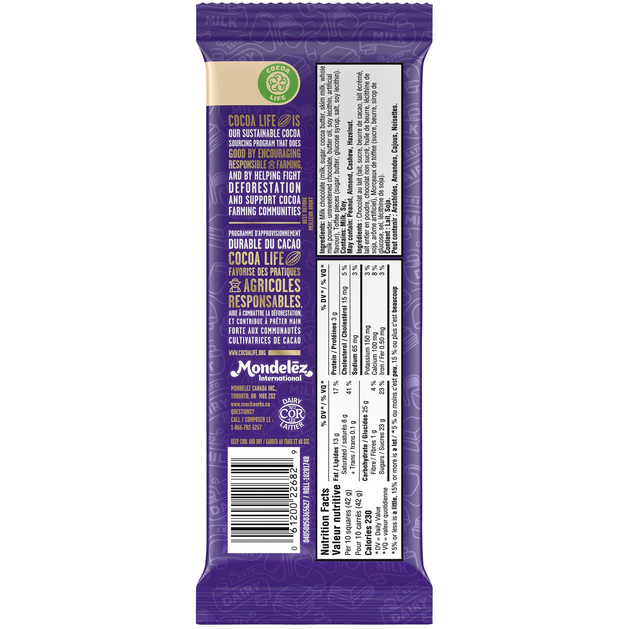 Cadbury Dairy Milk Chocolate Toffee, 100g/3.5oz Bar Back Side