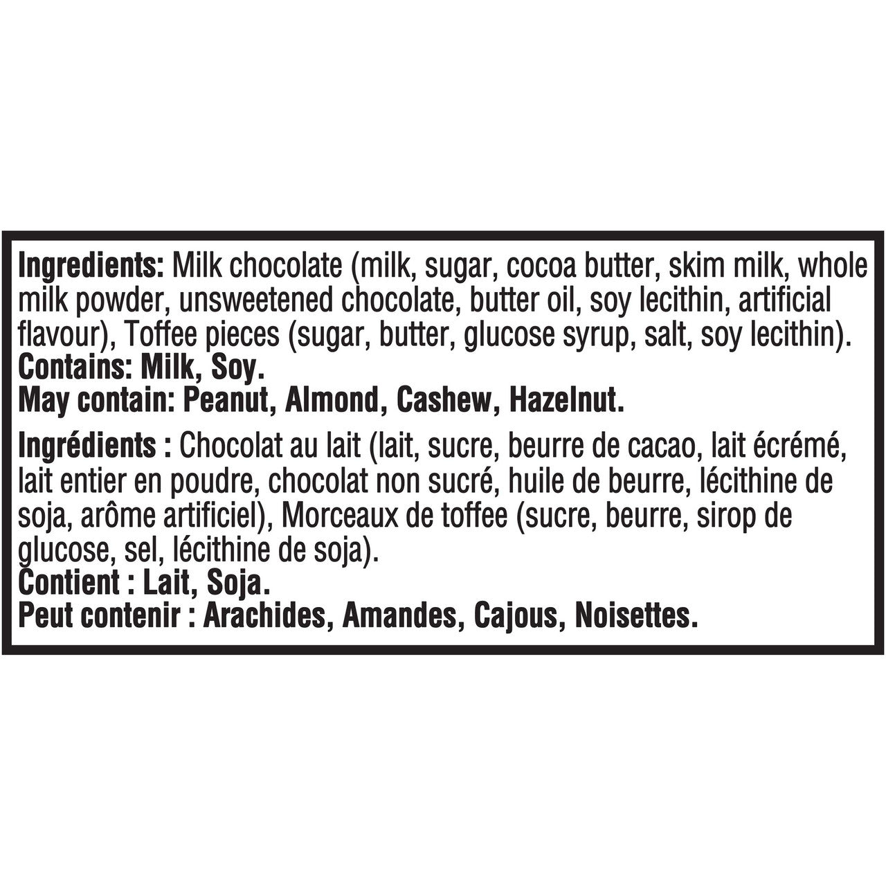 Cadbury Dairy Milk Chocolate Toffee, 100g/3.5oz Bar Ingredients