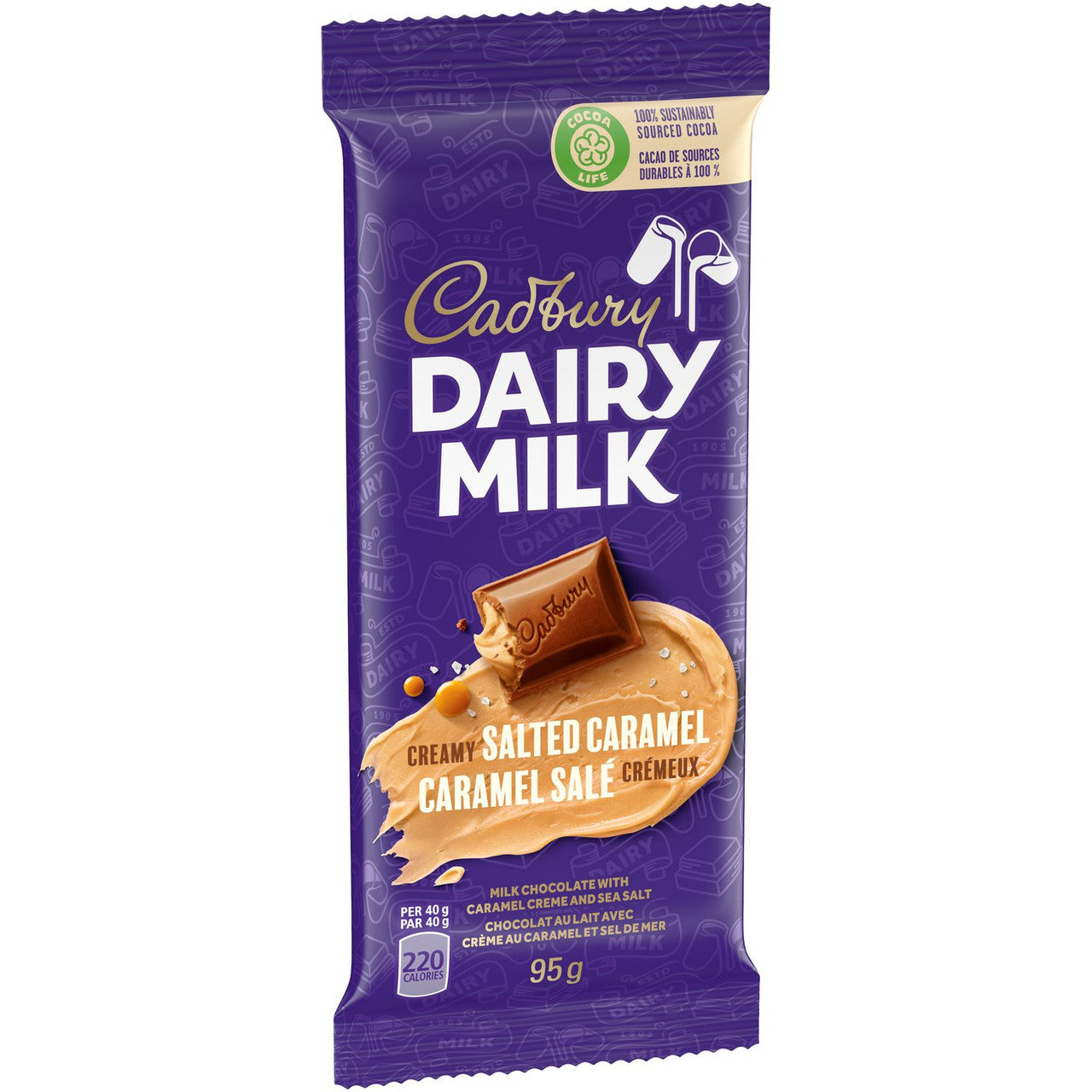 Cadbury Dairy Milk Creamy Salted Caramel Chocolate Bar – 95g/3 oz - Left Side