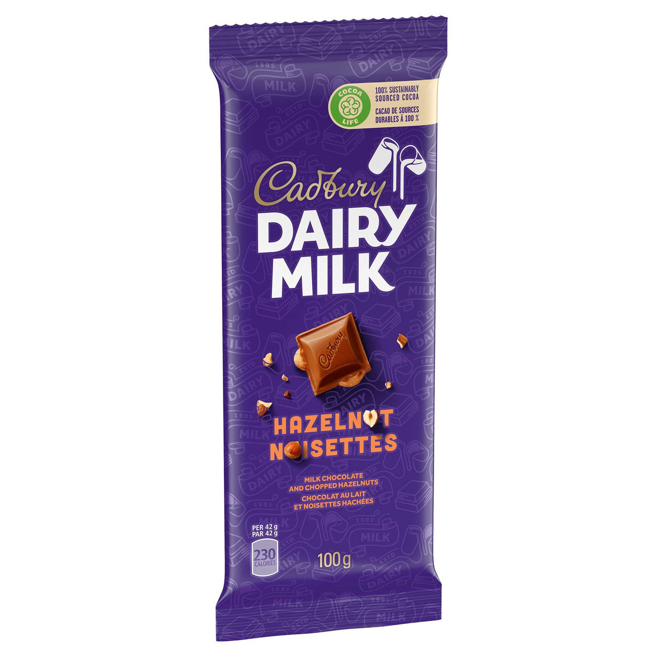 Cadbury Dairy Milk Hazelnut Chocolate, 100g Bar Left Angle