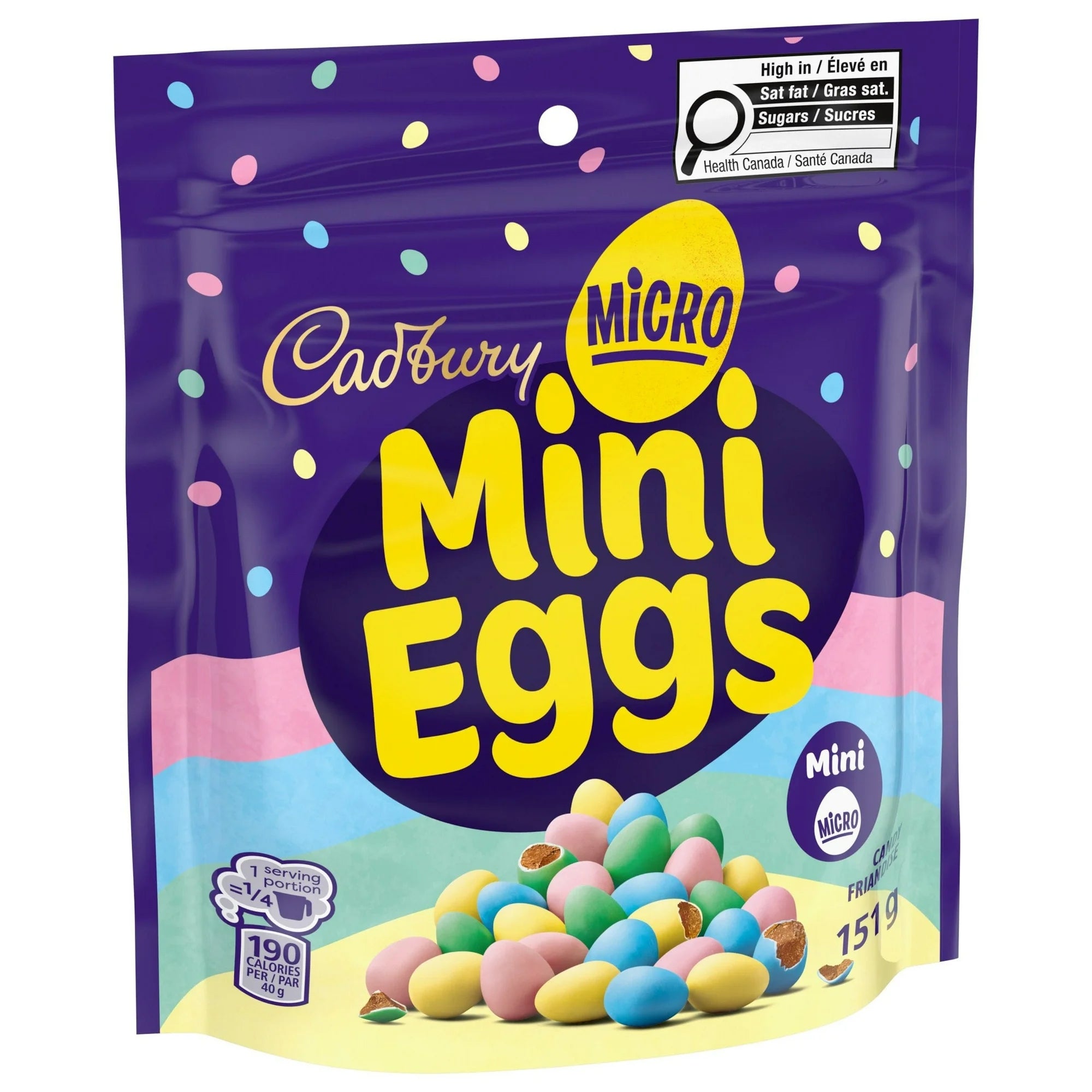 151g Packaging of Cadbury Micro Mini Eggs with colorful eggs on a white background