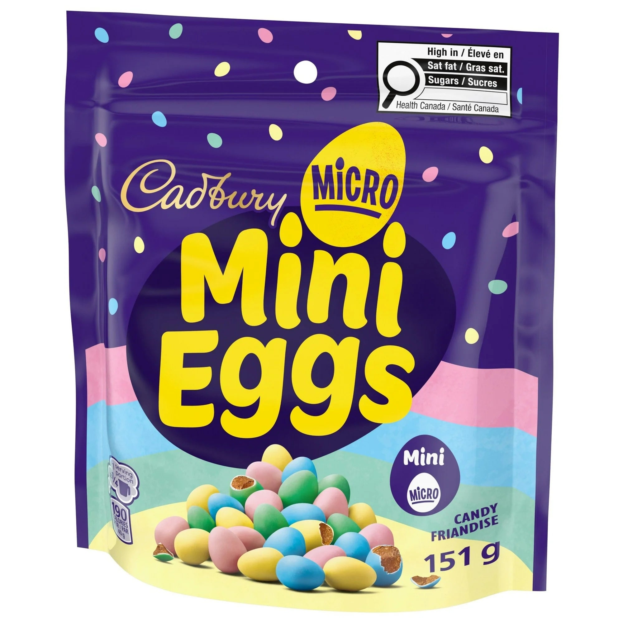 Cadbury Micro Mini Eggs 151g packaging with colorful eggs on a white background