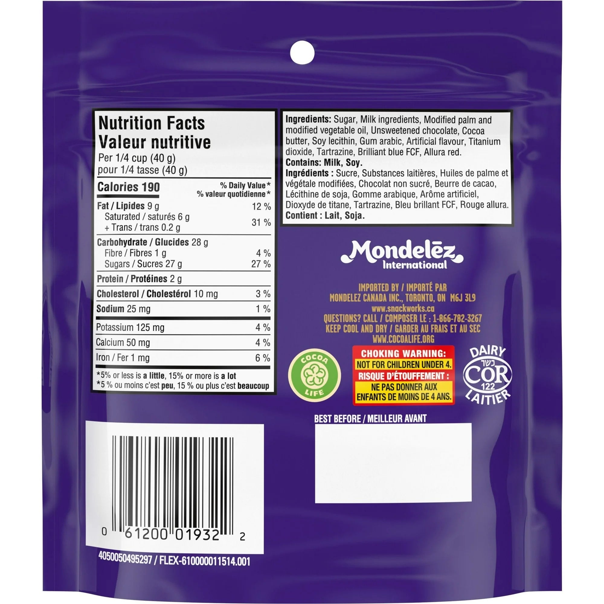 Nutrition facts label on a purple 151g package with Mondélez International branding.