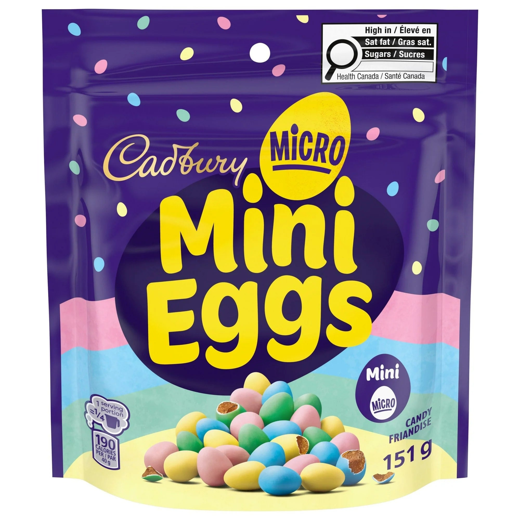 Packaging of Cadbury Micro Mini Eggs 151g with colorful eggs on a purple background
