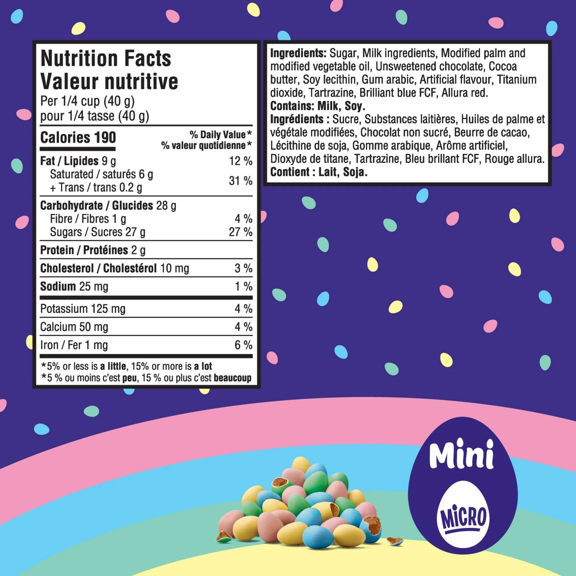 Nutrition facts label and ingredients list for a Cadbury Milk Chocolate Micro Mini Eggs 151g package on a colorful background with Easter eggs.