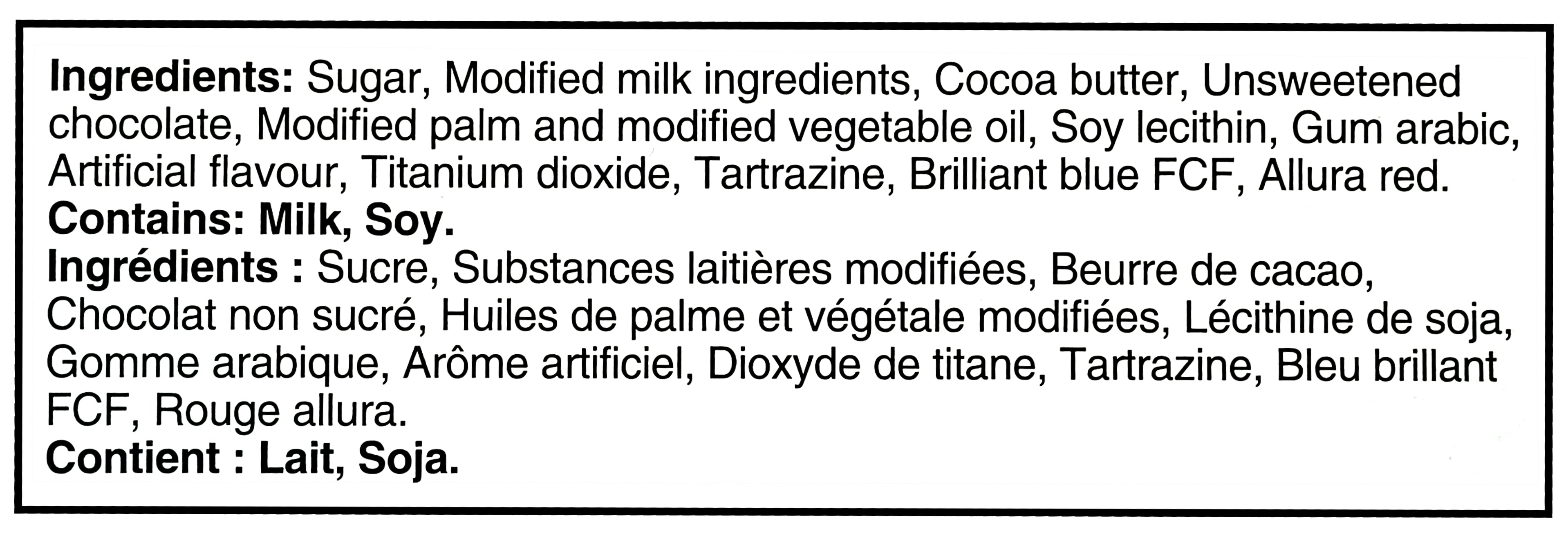 Cadbury Milk Chocolate Micro Mini Eggs, 48x33g, 1.5kg/3.5 lb. - Ingredients Label