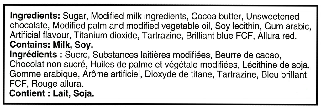 Cadbury Milk Chocolate Micro Mini Eggs, 48x33g, 1.5kg/3.5 lb. - Ingredients Label