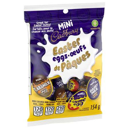 Packaging of Mini Cadbury Easter eggs 154g package with purple and yellow design.