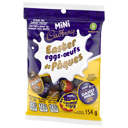 Packaging of Mini Cadbury Easter eggs 154g with purple and yellow design