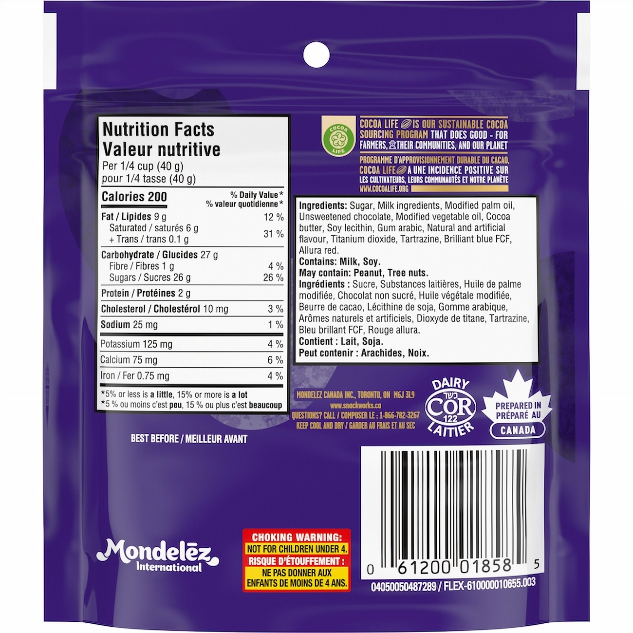 Back of Cadbury Milk Chocolate Mini Eggs, 151g/5.3 oz with nutrition facts and ingredients list.