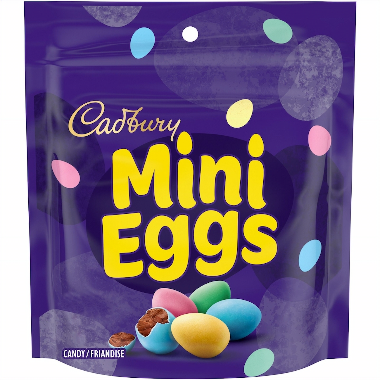 Cadbury Milk Chocolate Mini Eggs, 151g/5.3 oz on a purple background
