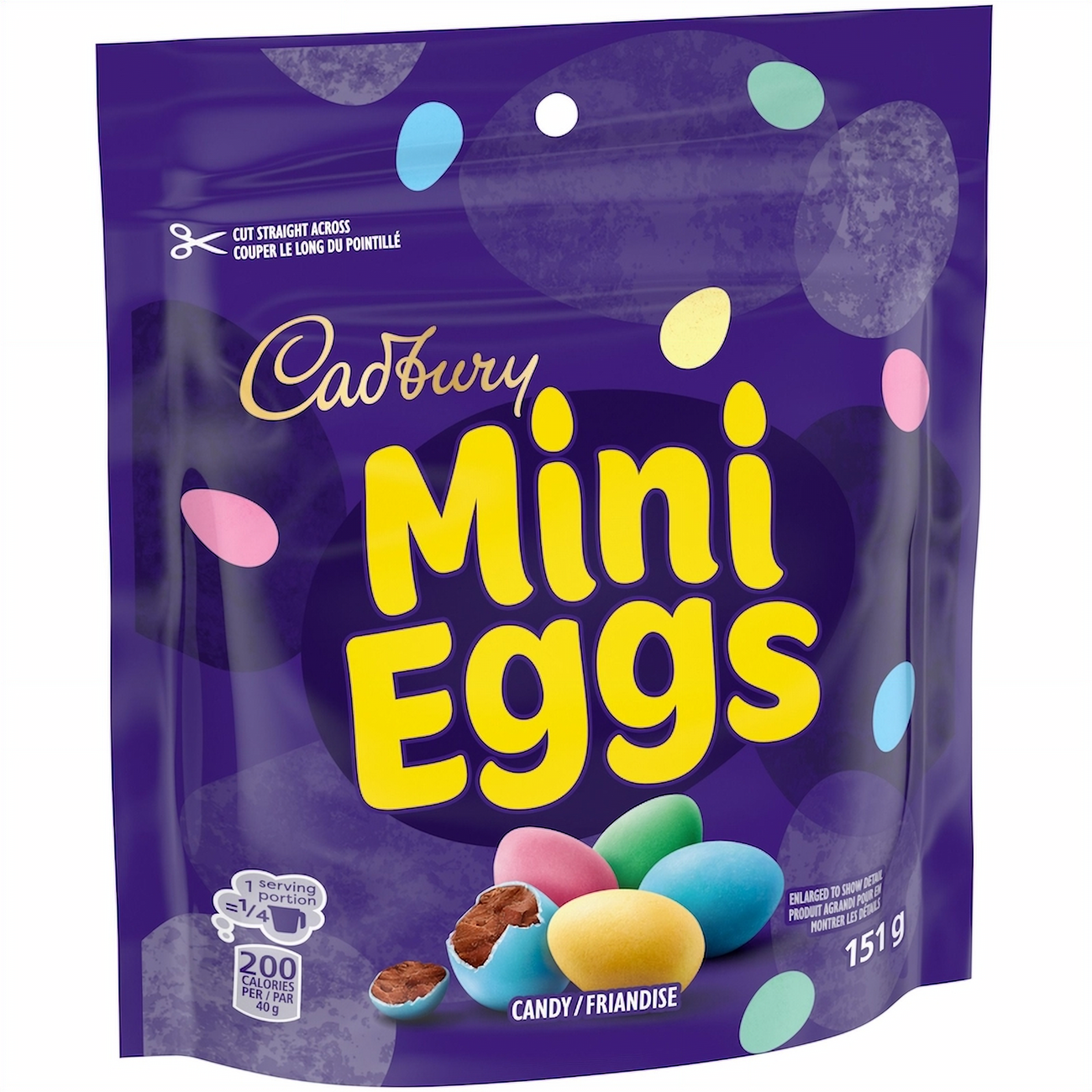 Cadbury Milk Chocolate Mini Eggs, 151g/5.3 oz on a purple background