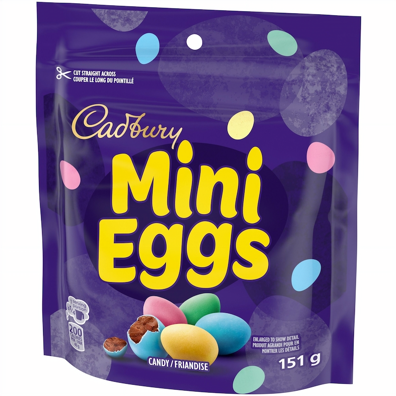 Cadbury Milk Chocolate Mini Eggs, 151g/5.3 oz with colorful eggs on a purple background