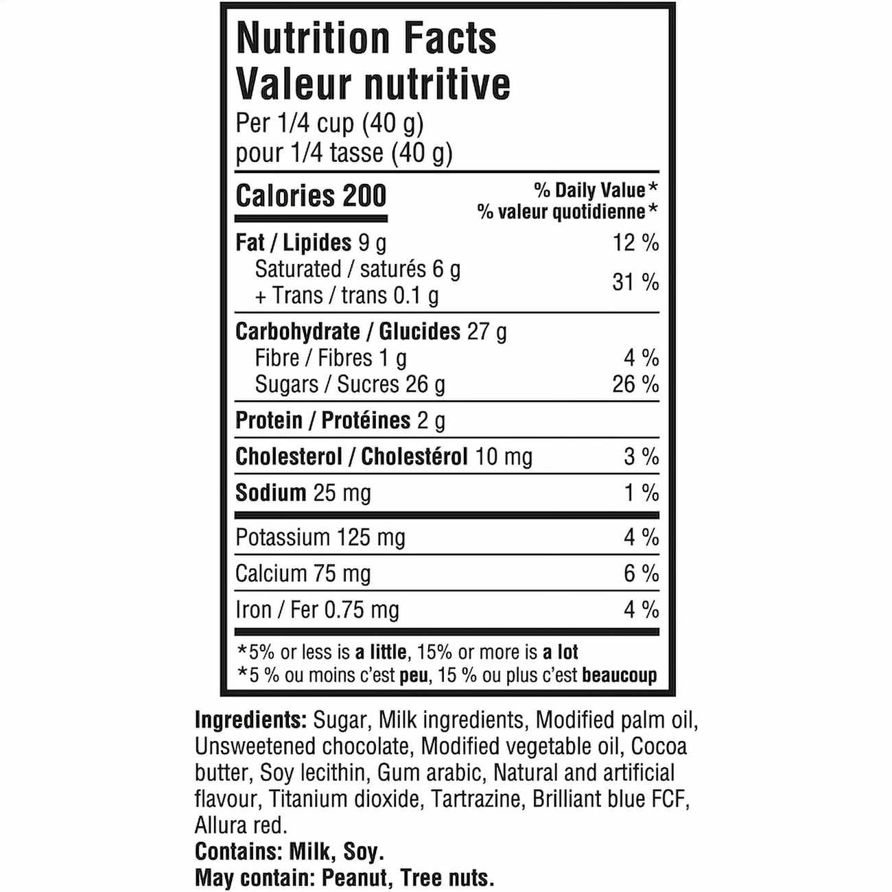Nutrition facts label and ingredients for Cadbury Milk Chocolate Mini Eggs, 151g/5.3 oz on a white background