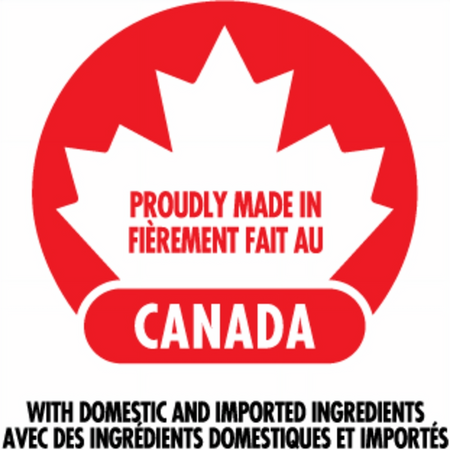Canadian product label with red maple leaf and text 'Proudly Made in Canada' on a white background.