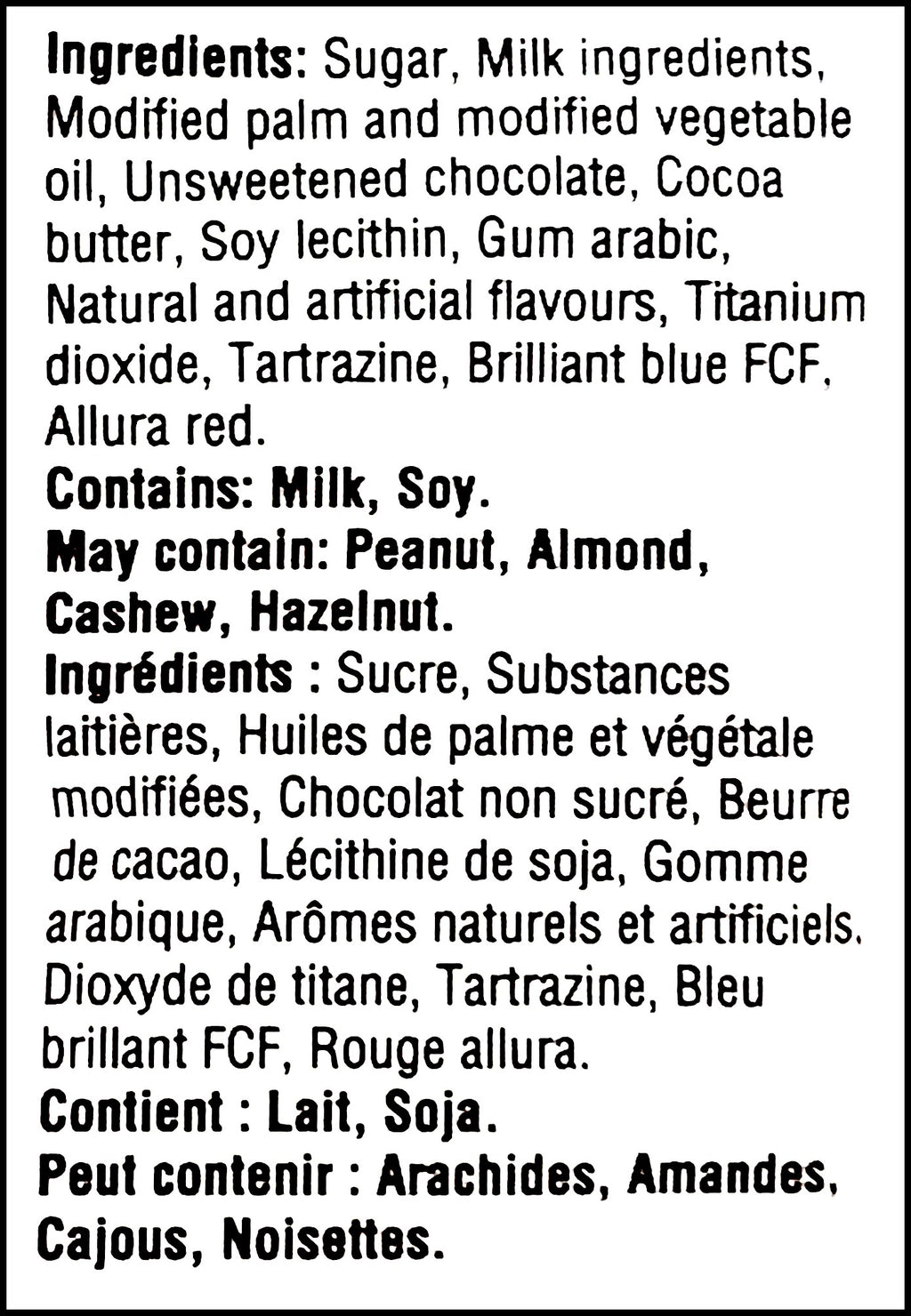 Ingredients label of Cadbury Mini Easter Eggs, 90g/3.2 oz., Bag 