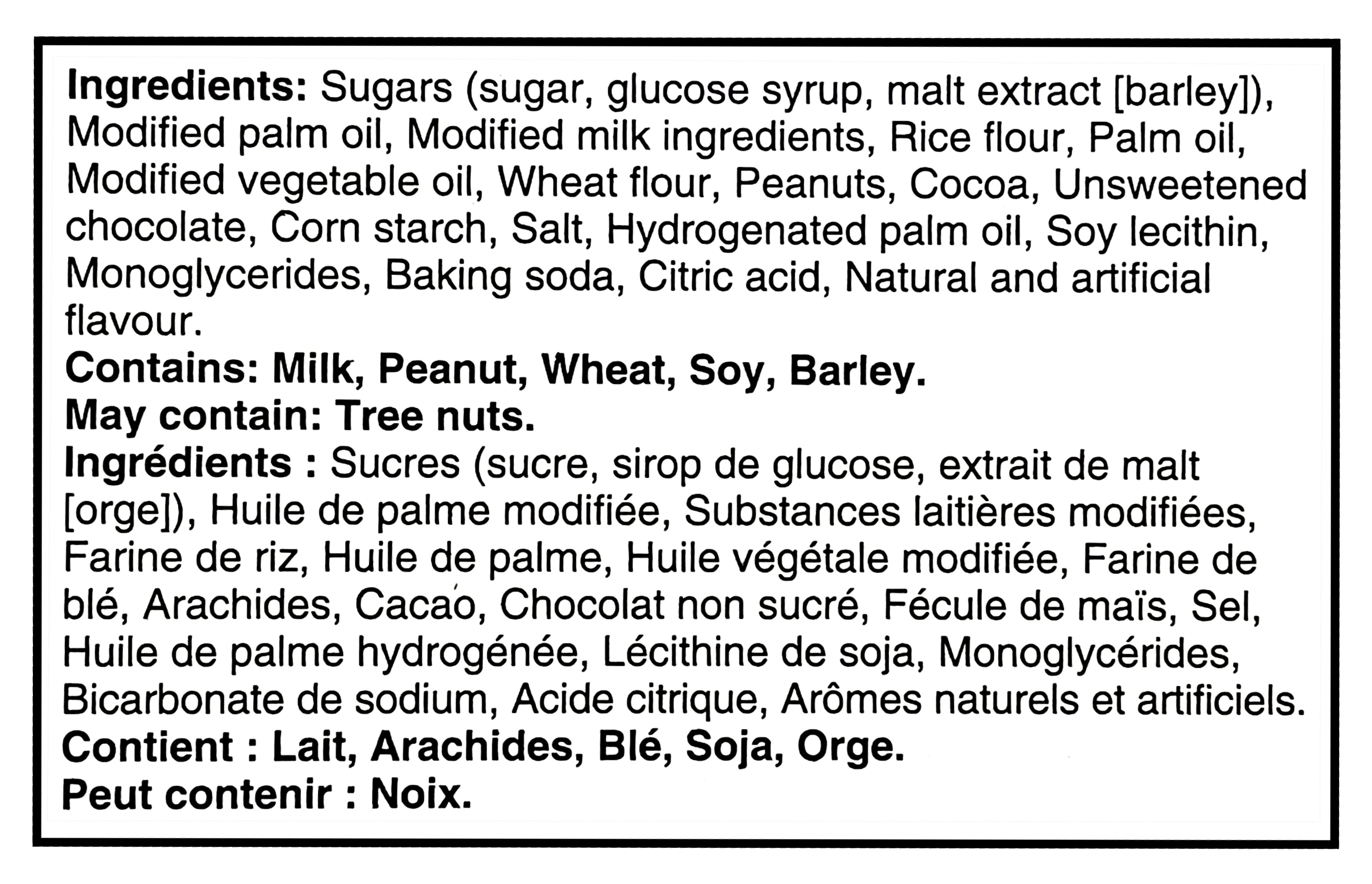 Ingredients list for Cadbury Mr. Big Full Size Chocolate Bars, Individually Wrapped Candy - 24x50g, 50g/1.7 oz on a white background