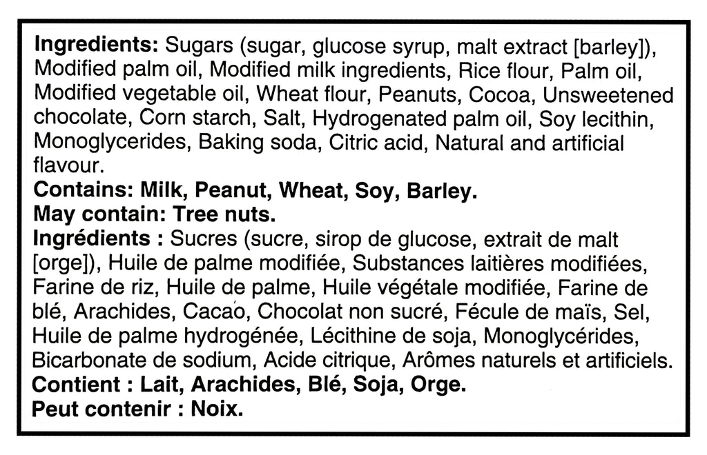 Ingredients list for Cadbury Mr. Big Full Size Chocolate Bars, Individually Wrapped Candy - 24x50g, 50g/1.7 oz on a white background