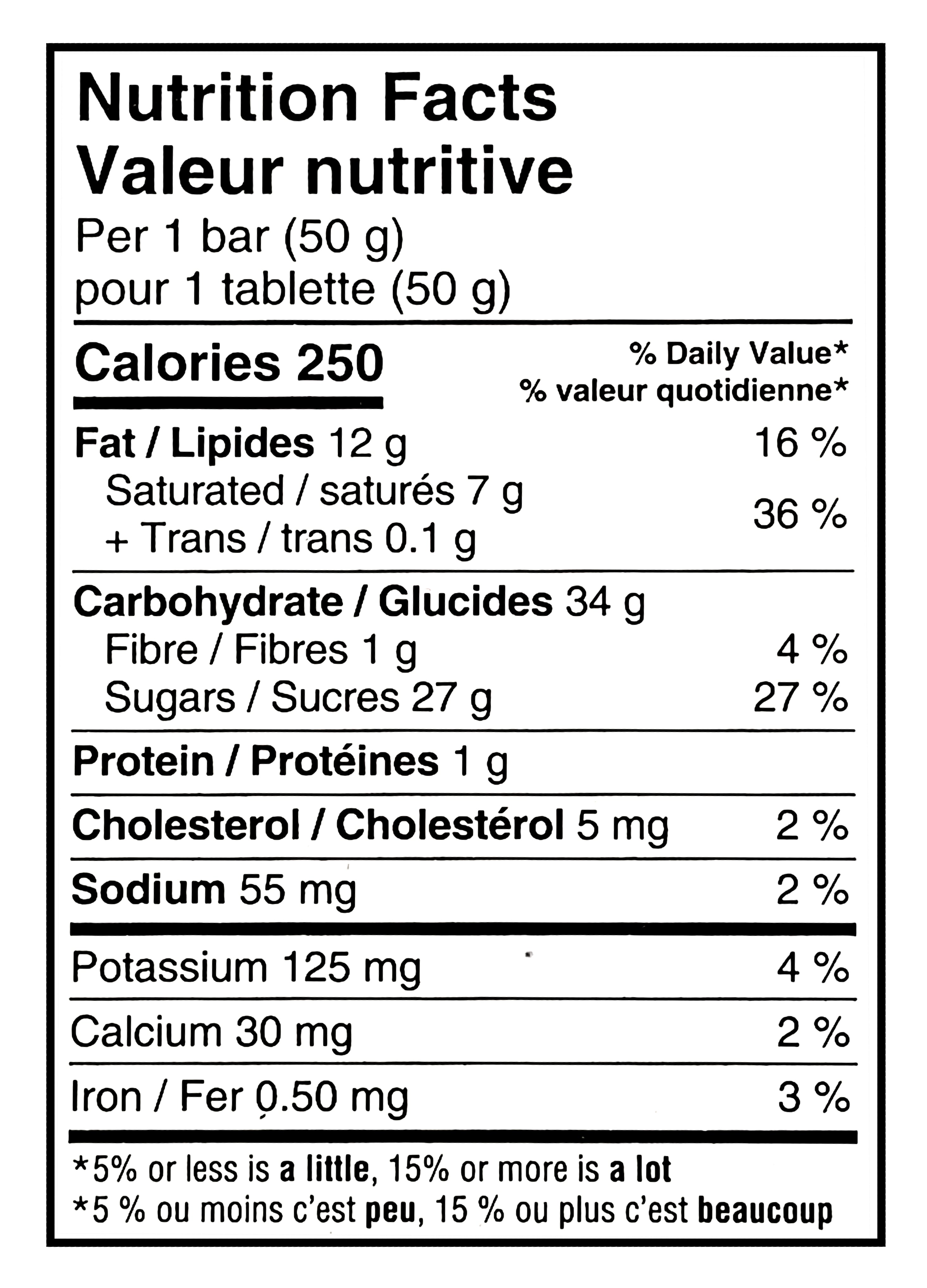 Nutrition facts label for Cadbury Mr. Big Full Size Chocolate Bars, Individually Wrapped Candy - 24x50g, 50g/1.7 oz, showing calories, macronutrients, and micronutrients per serving.