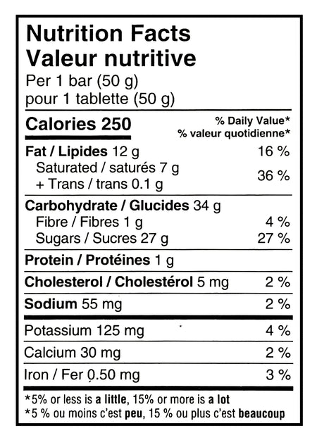 Nutrition facts label for Cadbury Mr. Big Full Size Chocolate Bars, Individually Wrapped Candy - 24x50g, 50g/1.7 oz, showing calories, macronutrients, and micronutrients per serving.