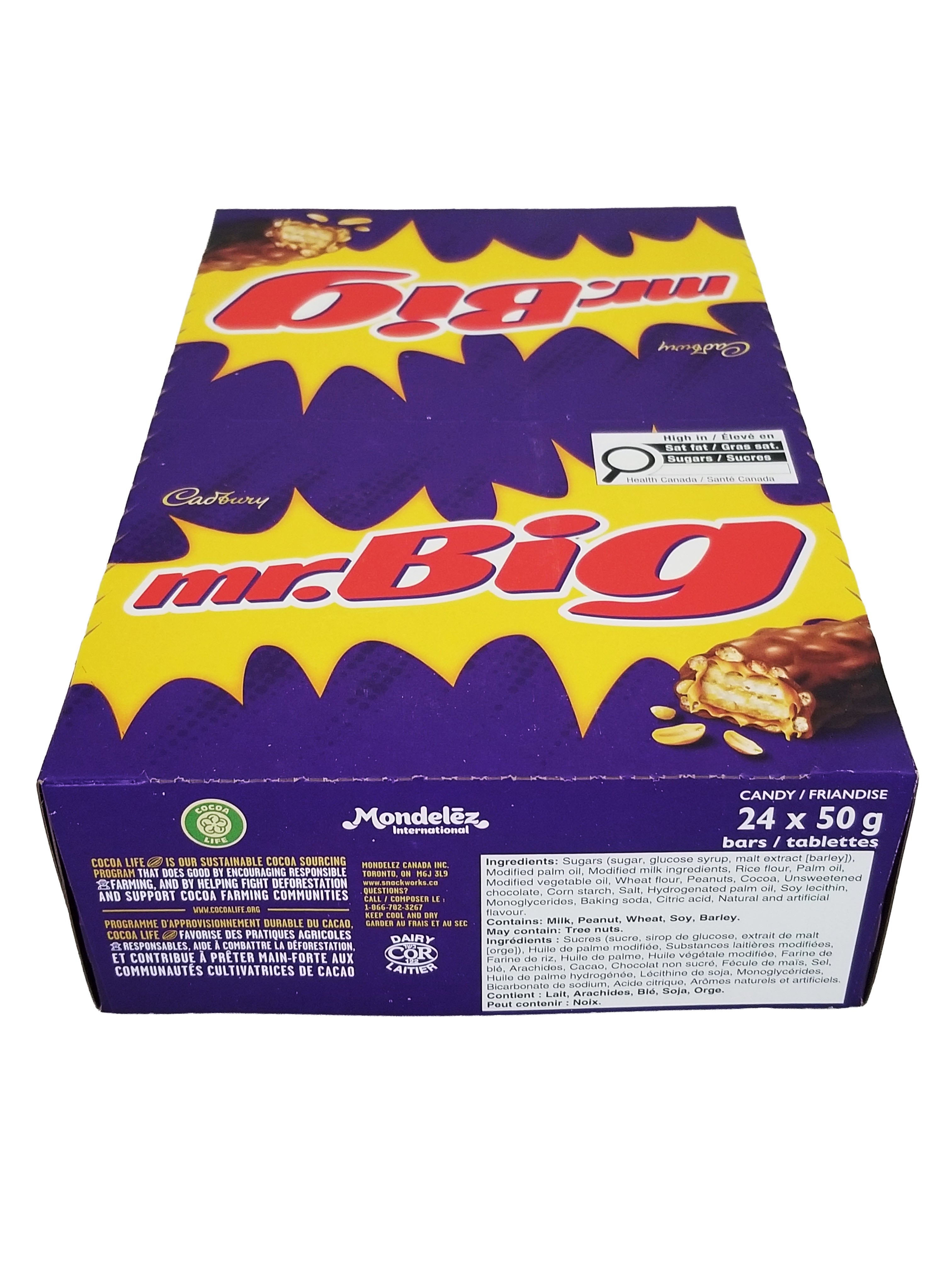 A purple box of Cadbury Mr. Big Full Size Chocolate Bars, Individually Wrapped Candy - 24x50g, 50g/1.7 oz on a white background