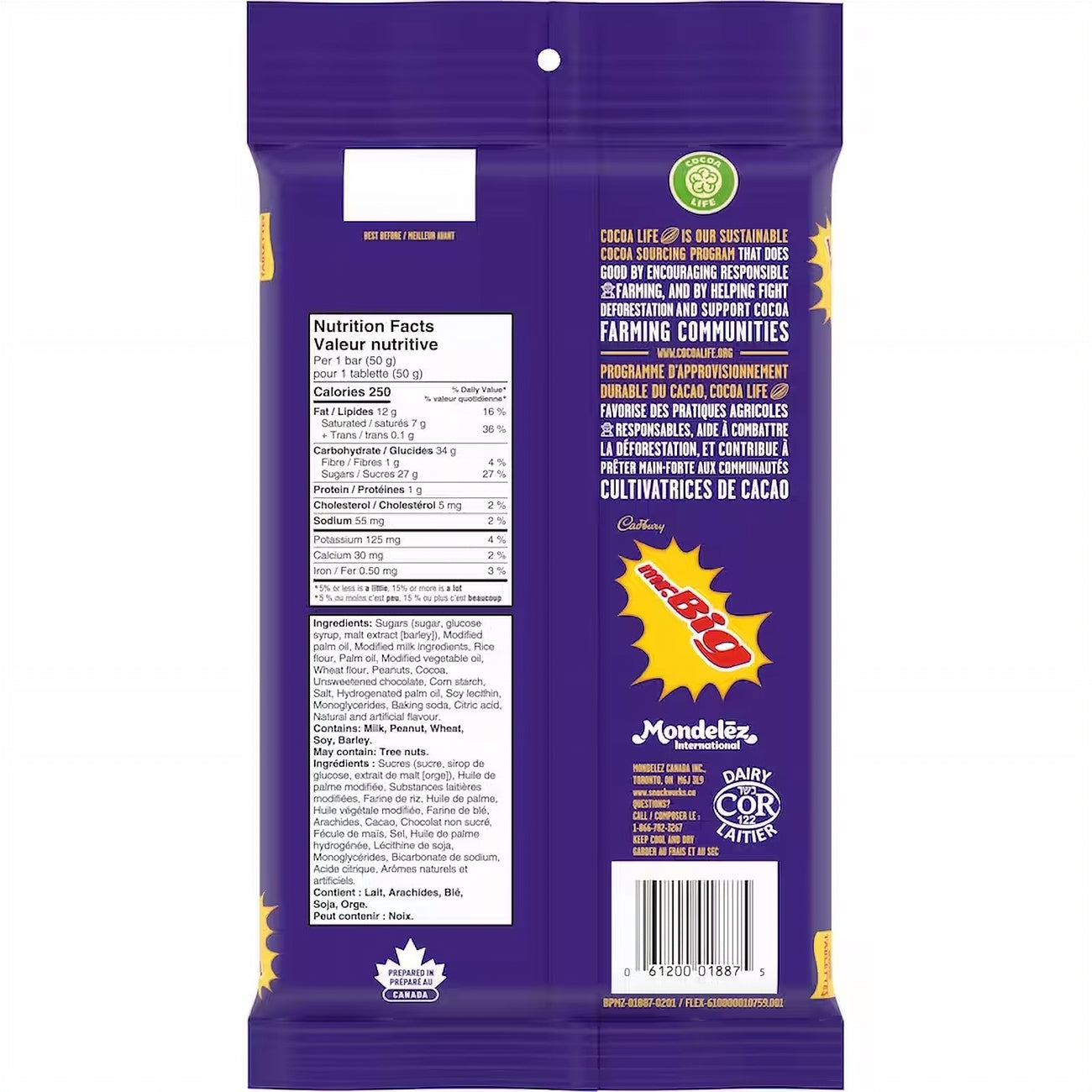 Cadbury Mr. Big Full Size Chocolate Bars with nutritional information and brand logos on a white background