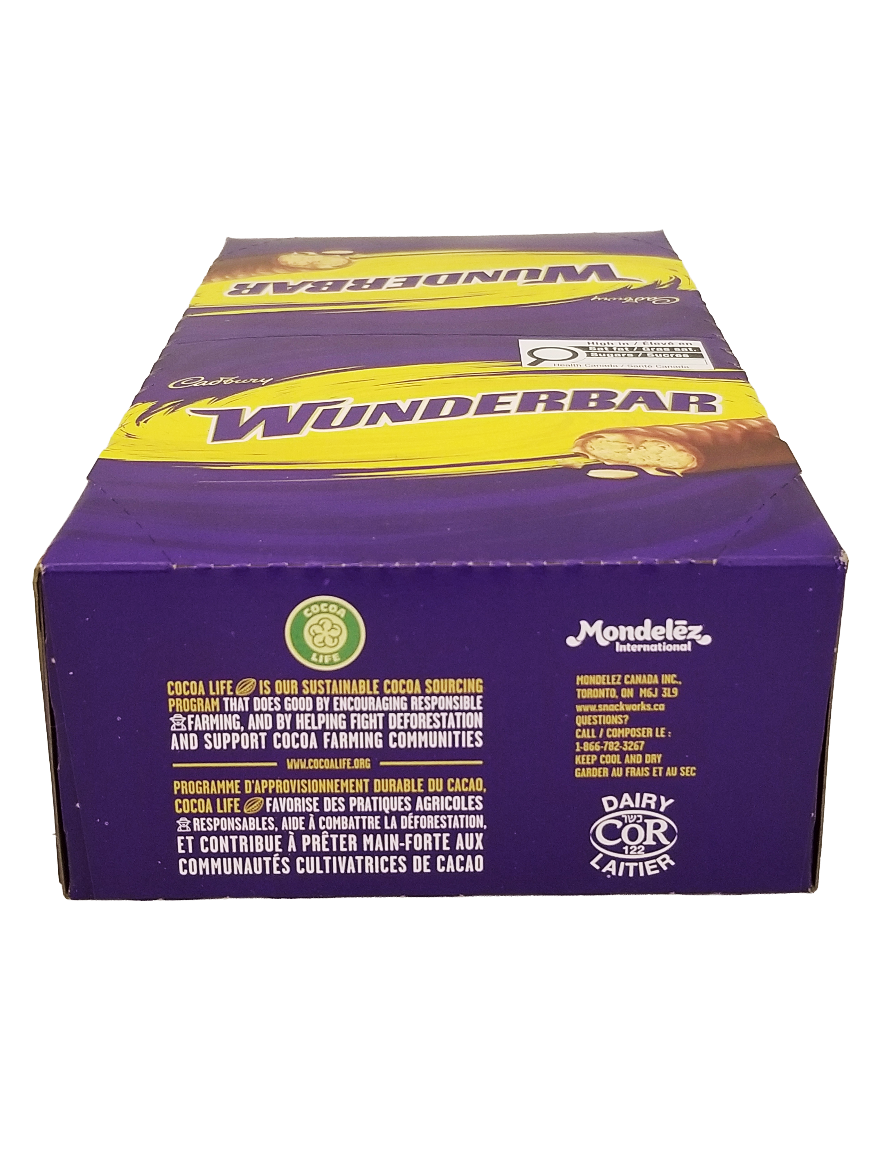 Box of Cadbury Wunderbar Chocolate Bars, Full Size Candy Bars Bars 24x49g, 1.18kg/41.6 oz with purple and yellow design