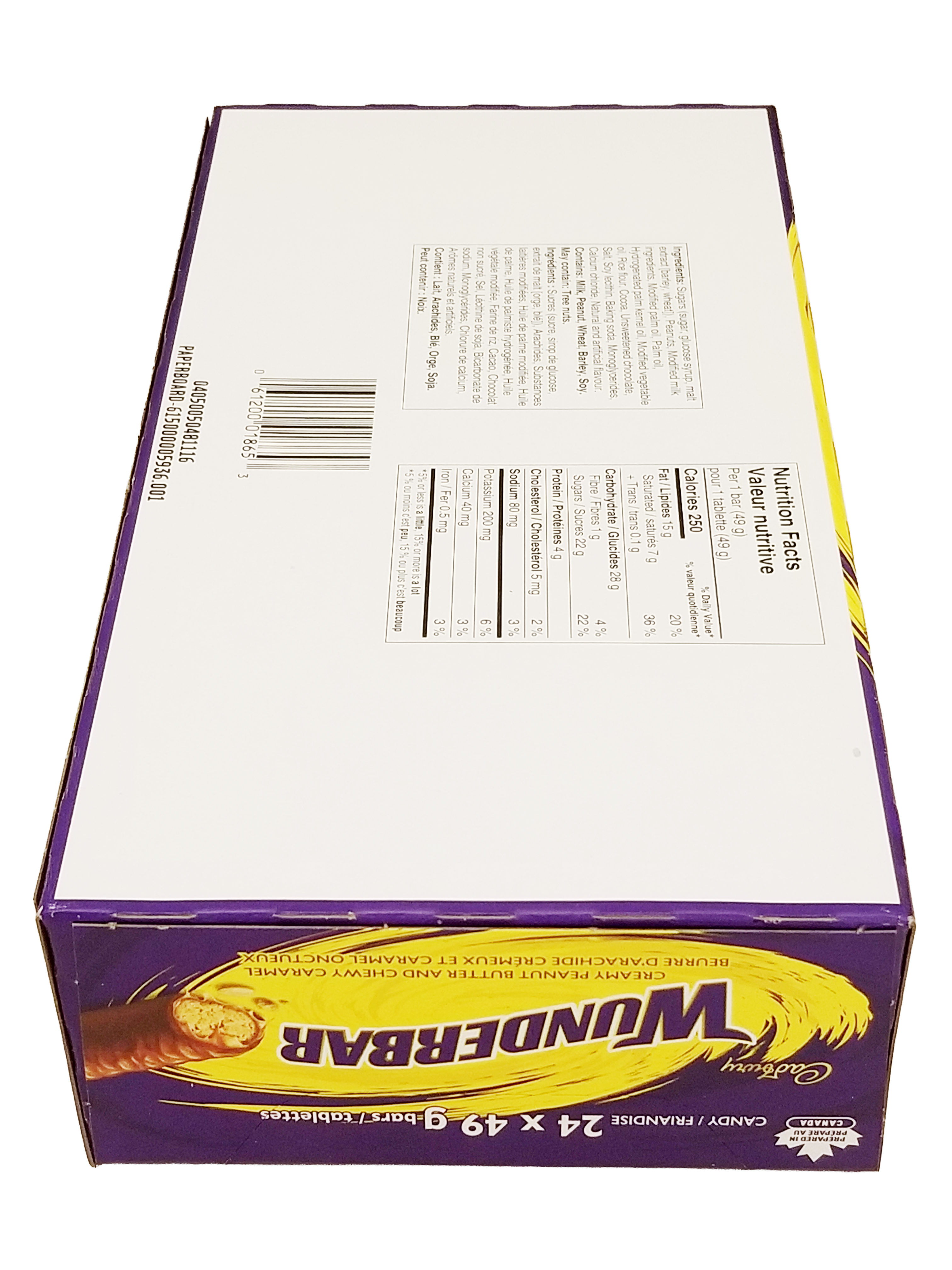 Box of Cadbury Wunderbar Chocolate Bars, Full Size Candy Bars Bars 24x49g, 1.18kg/41.6 oz with purple and yellow design