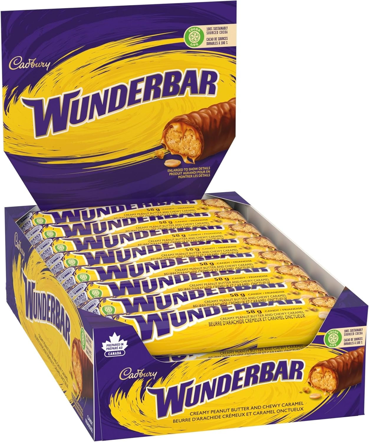 Box of Cadbury Wunderbar Chocolate Bars, Full Size Candy Bars Bars 24x49g, 1.18kg/41.6 oz with purple and yellow packaging.