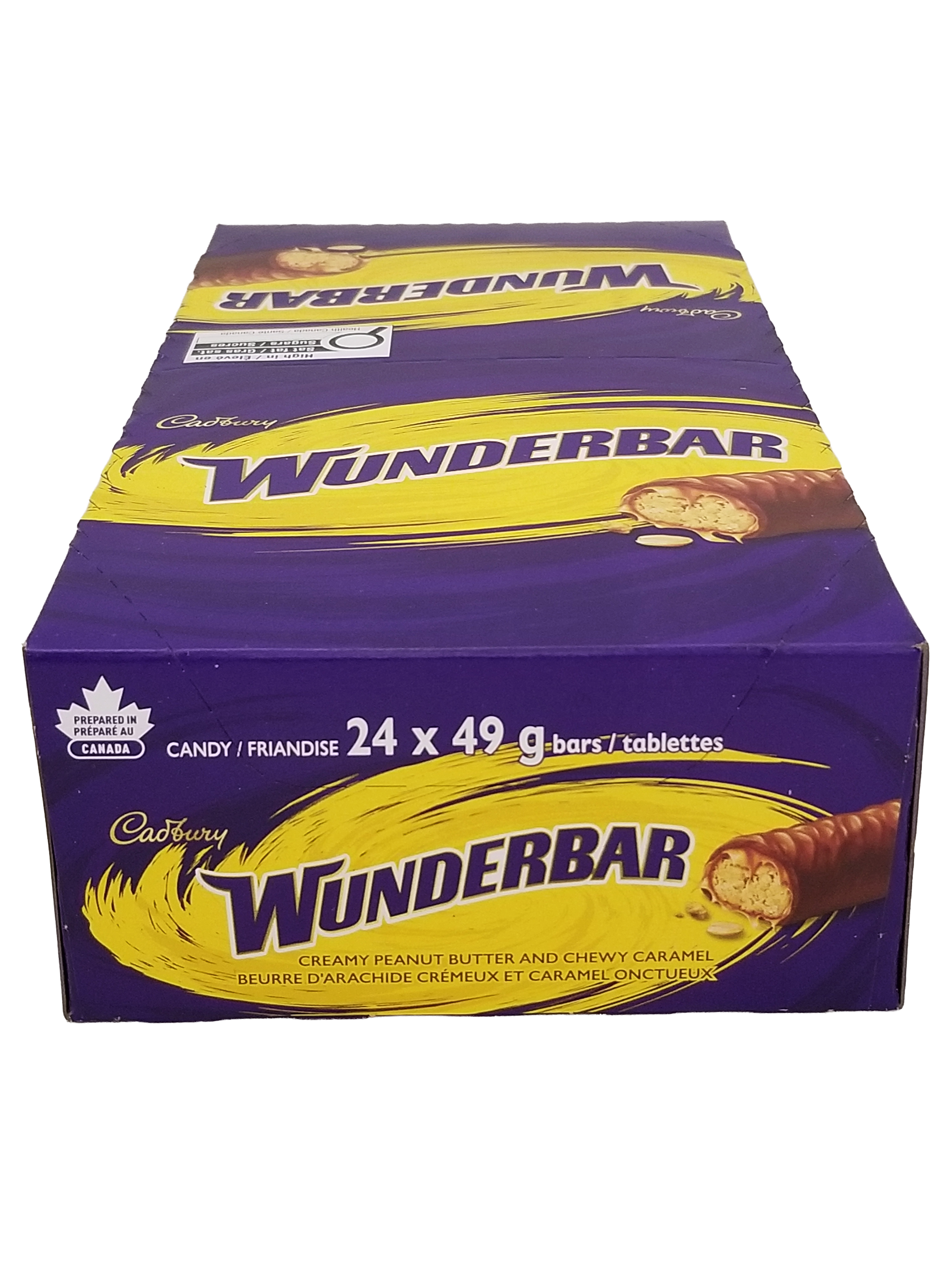 Box of Cadbury Wunderbar Chocolate Bars, Full Size Candy Bars Bars 24x49g, 1.18kg/41.6 oz with purple and yellow packaging.