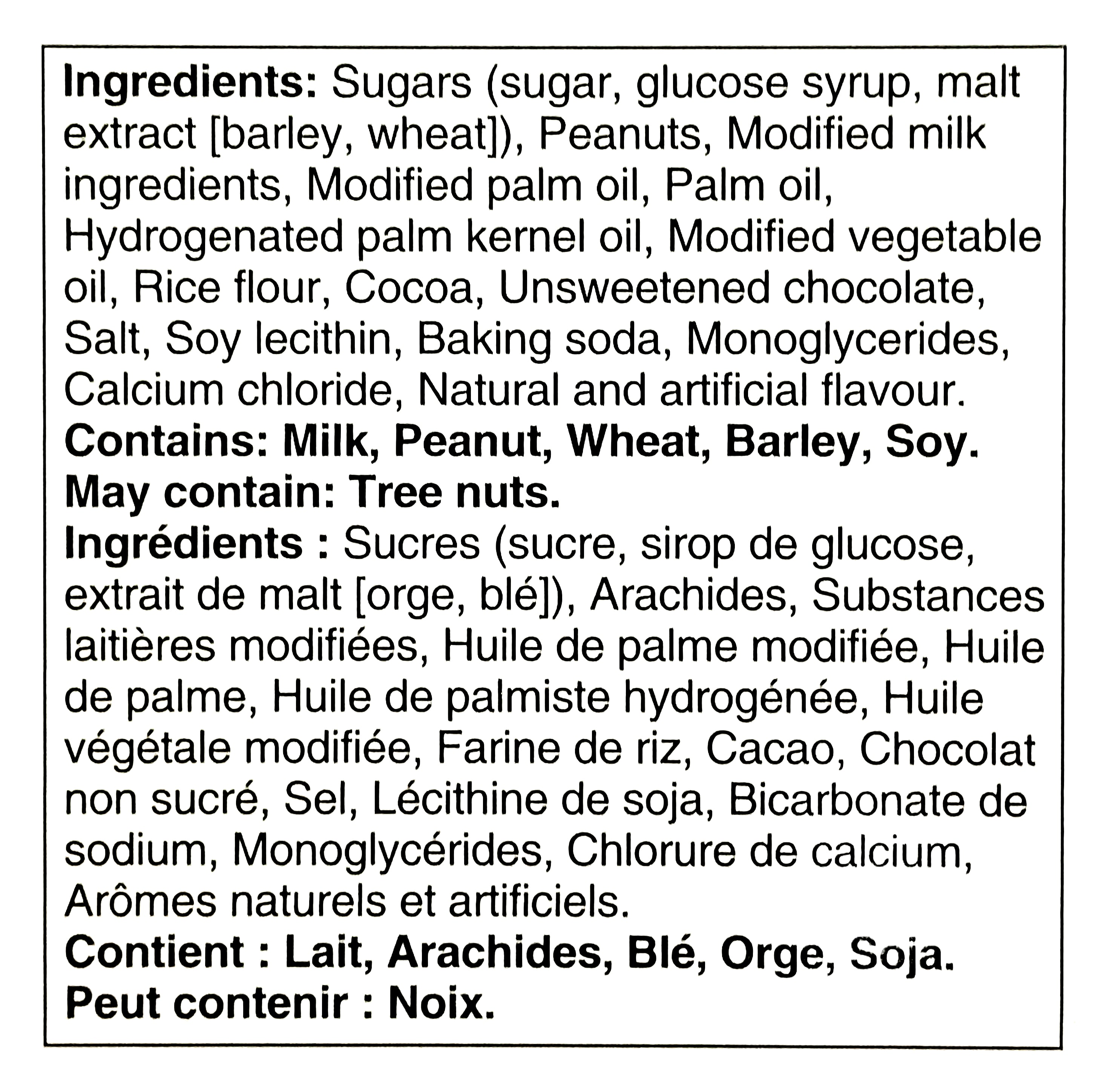 Allergen and ingredient list for Cadbury Wunderbar Chocolate Bars, Full Size Candy Bars Bars 24x49g, 1.18kg/41.6 oz.