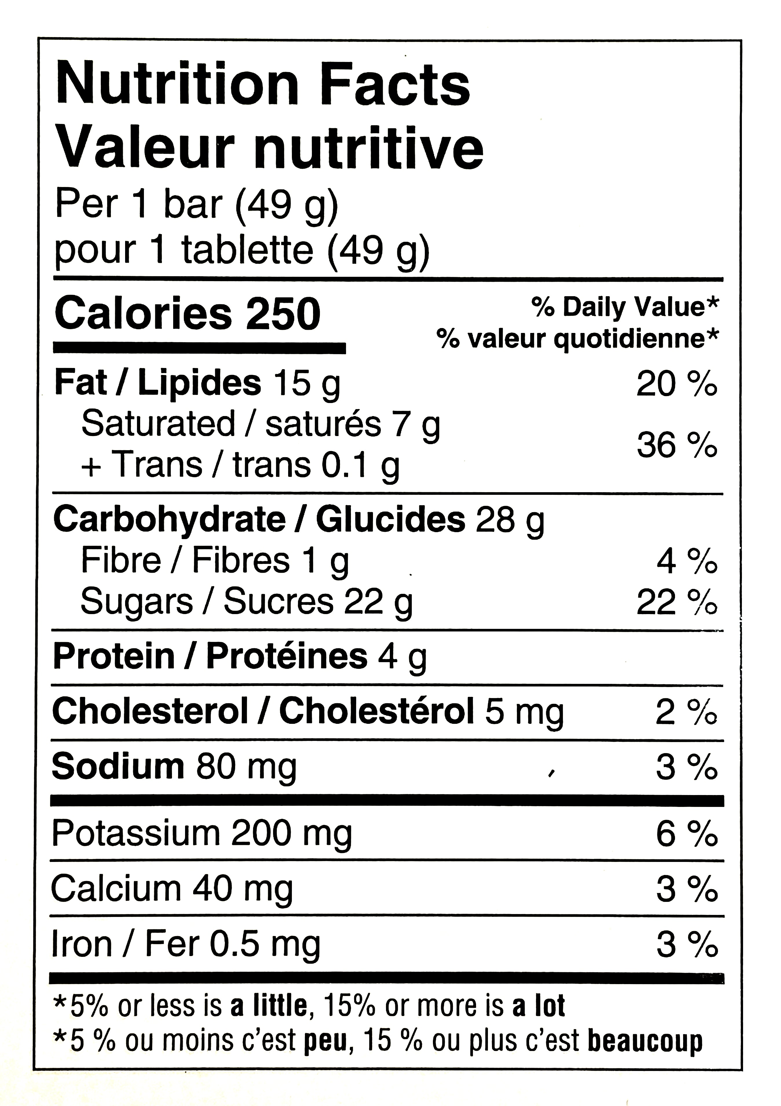 Nutrition facts label for Cadbury Wunderbar Chocolate Bars, Full Size Candy Bars Bars 24x49g, 1.18kg/41.6 oz, showing calories, macronutrients, and micronutrients per serving.