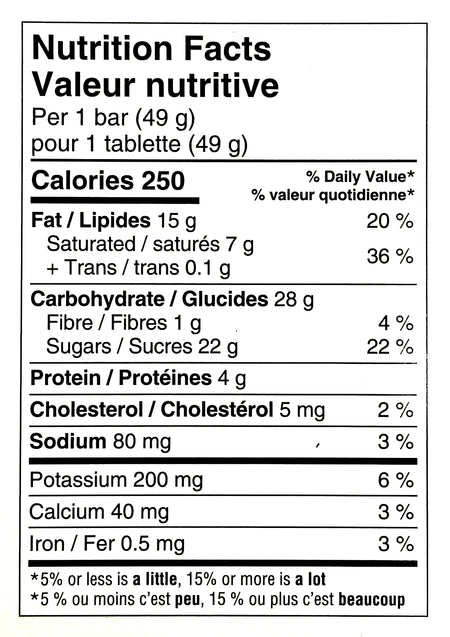 Nutrition facts label for Cadbury Wunderbar Chocolate Bars, Full Size Candy Bars Bars 24x49g, 1.18kg/41.6 oz, showing calories, macronutrients, and micronutrients per serving.
